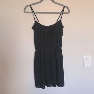 Black Summer Mini Dress with Ruffled Neck